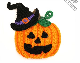 Crochet Pattern - Instant PDF Download - Pumpkin + Hat Halloween crochet Applique Pattern applique