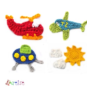 May include: A set of five crocheted felt appliques in various colors and shapes, including a red helicopter, a green and blue airplane with the letters "T2" on it, a blue UFO, a yellow sun, and two white clouds.