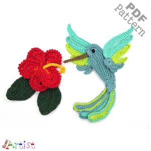 May include: Crochet pattern for a hummingbird and a hibiscus flower. The hummingbird is blue, green, and yellow. The hibiscus is red with yellow accents. The pattern is available as a PDF download.