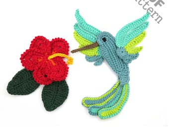 May include: Crochet pattern for a hummingbird and a hibiscus flower. The hummingbird is blue, green, and yellow. The hibiscus is red with yellow accents. The pattern is available as a PDF download.