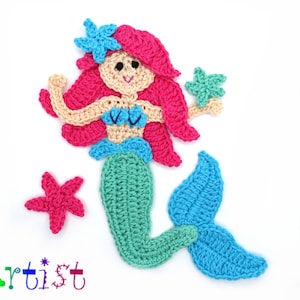 May include: Crocheted mermaid applique with pink hair, a green tail, and blue starfish accents.