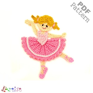 May include: Crocheted ballerina doll with pink dress, yellow hair, and white shoes. PDF pattern included.