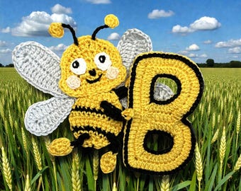 Bee Crochet Letter B Applique Animal Alphabet Pattern Lettering  US version Instant PDF Download