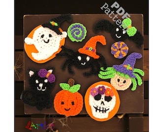 Crochet Halloween Applique Pattern: Cat, Bat, Ghost, Witch PDF Download ENG