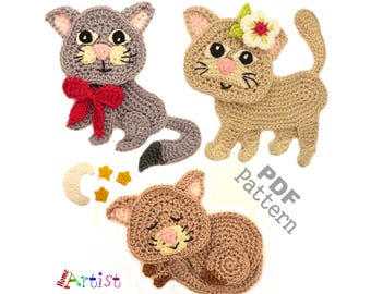 Patrón de crochet para apliques de lazo de gato y gatito Versión estadounidense Descarga instantánea en PDF