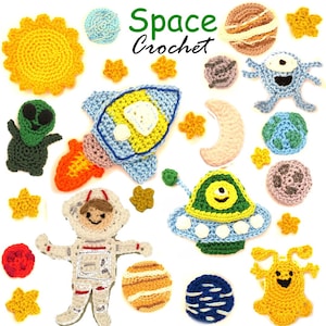 Peut inclure: Une collection d'articles sur le thème de l'espace crochetés de couleurs vives, comprenant un soleil, des planètes, des étoiles, une fusée, un extraterrestre, un astronaute, un OVNI et un croissant de lune. Le texte "Space Crochet" est écrit en vert.