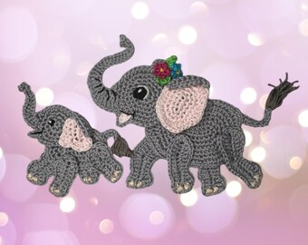 Crochet Pattern Elephant Mom and Baby Applique Patch US version Instant PDF Download
