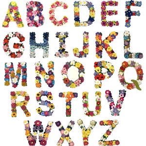 Könnte beinhalten: Ein vollständiger Satz von sechsundzwanzig Buchstaben des Alphabets von A bis Z, die jeweils individuell aus einer dichten Anordnung kleiner, mehrfarbiger gehäkelter Blumen in verschiedenen Rot-, Gelb-, Blau-, Lila-, Rosa- und Weißtönen bestehen.