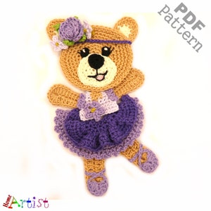 May include: Crochet pattern for a ballerina bear with a purple dress and flower crown. PDF pattern.