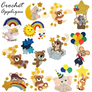May include: A collection of colorful crochet appliques featuring various animals including elephants, bears, mice, and rabbits. The designs incorporate elements like rainbows, stars, moons, clouds, and balloons in vibrant yarn colors. Text reads Crochet Applique.