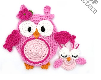 Motif au crochet appliqué maman et bébé, maman hibou, version américaine, téléchargement PDF instantané