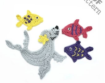 Crochet Pattern - Instant PDF Download - Seal + Fish crochet Applique Pattern applique