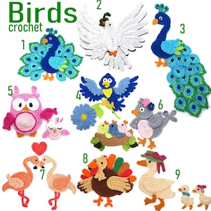 May include: Crocheted bird patterns, including a peacock, dove, bluebird, owl, grey bird, turkey, flamingo, and duck. The patterns are numbered 1 through 9.