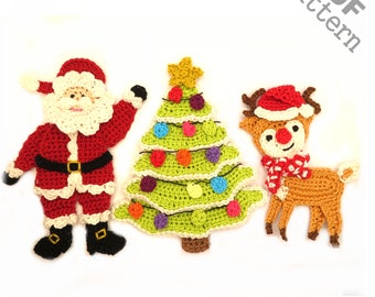 Puede incluir: Adornos navideños de crochet con Papá Noel, un árbol de Navidad y un reno. Los adornos están hechos con hilo rojo, blanco, verde, marrón y amarillo.