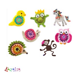 May include: A collection of seven colorful crochet animal appliques including a yellow bird, a green frog with a crown, a white unicorn, a pink and purple snail, a pink owl, a brown monkey, and a green hedgehog, with the text Home Artist below.