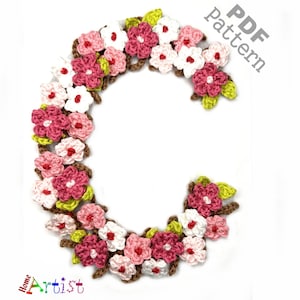 Flor Crochê Floral Letra C Flores Flor de cerejeira Aplique Padrão Letras Alfabeto Maiúsculas Versão EUA Download instantâneo em PDF