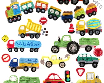 Crochet Vehicle Applique Pattern: Car, Truck, Train & Signs PDF Download ENG