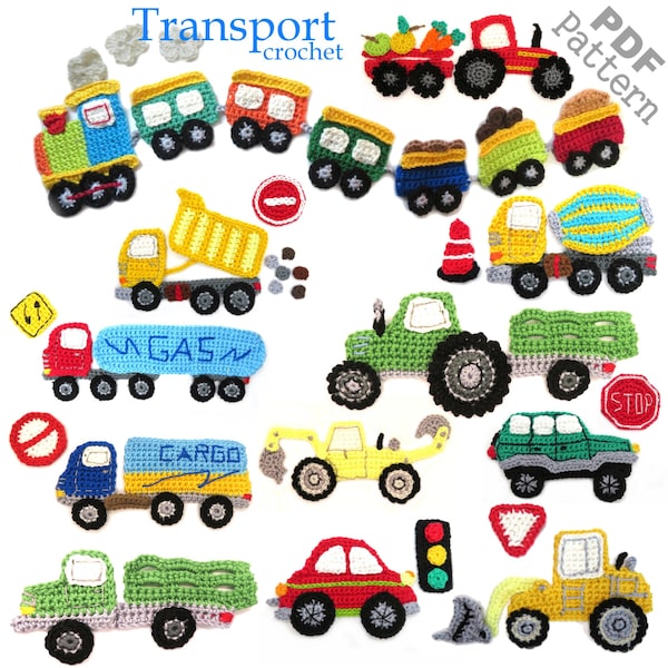 Crochet Pattern - Instant PDF Download - Vehicles + Signs crochet Applique Pattern Collection applique