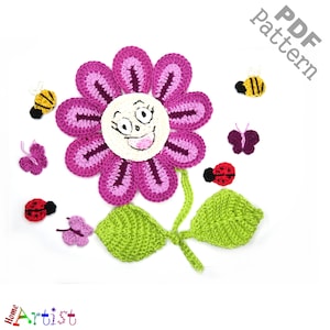 May include: Crochet pattern for a flower with a smiling face, two leaves, two ladybugs, two butterflies, and two bees. The pattern is available as a PDF download.