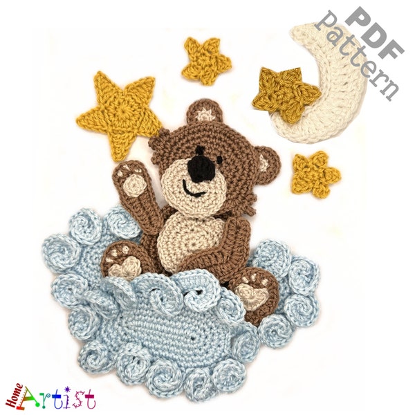 Crochet Pattern - Instant PDF Download - Bear and Clouds Crochet Applique Pattern applique
