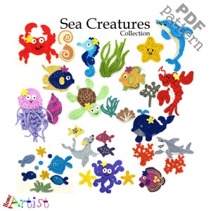 Crochet Pattern - Instant PDF Download - Sea creatures crochet Applique Pattern Collection applique