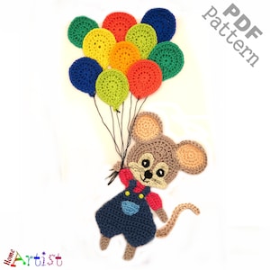 May include: A crocheted mouse holding onto a bunch of colourful balloons. The mouse is wearing overalls and has a red shirt. The balloons are green, yellow, orange, red, and blue. The text "PDF pattern" is in the top right corner of the image.