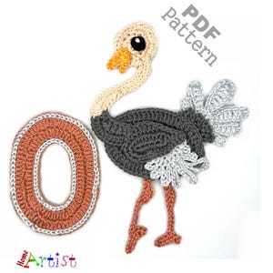 Letra O de crochê com aplique de avestruz, padrão de alfabeto animal, versão dos EUA, download instantâneo em PDF