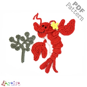 May include: Crochet pattern for a red lobster with a yellow star and a gray seaweed plant. The pattern is available as a PDF download.