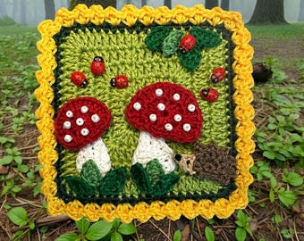Patrón de crochet de hongos, parche de erizo cuadrado de la abuela, versión estadounidense, descarga instantánea en PDF