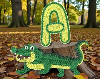 Letra A de cocodrilo al crochet, patrón de alfabeto animal, letras, versión estadounidense, descarga instantánea en PDF