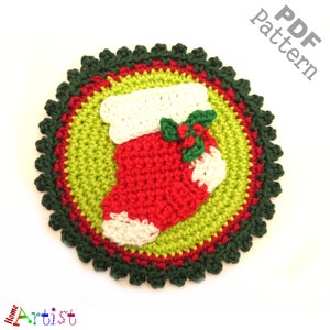 May include: Crochet Christmas stocking ornament with a green holly sprig, red and white stocking, and green, red, and dark green outer circles.  PDF pattern.