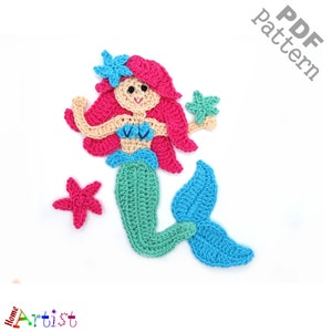 May include: Crochet mermaid pattern PDF. The pattern includes a mermaid with pink hair, a green tail, and blue fins. There are also two pink starfish.