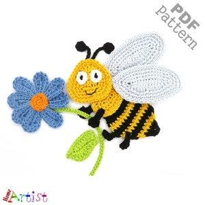 Bee Crochet Pattern Bumblebee Flower Applique Patch US version Instant PDF Download