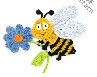 Bee Crochet Pattern Bumblebee Flower Applique Patch US version Instant PDF Download