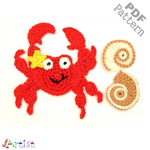 May include: A crochet pattern for a red crab with a yellow flower on its head and two seashells. The pattern is available as a PDF download.