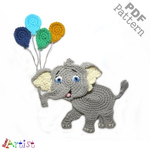May include: A crocheted gray elephant holding four colorful balloons. The balloons are blue, green, yellow, and teal. The elephant has a white crocheted trunk and ears. The text "PDF pattern" is in the upper right corner of the image.