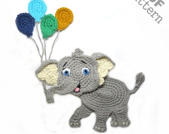 Crochet Pattern Elephant and Balloons  Applique Patch US version Instant PDF Download