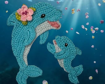 Crochet Pattern Dolphin & Baby Applique Patch US version Instant PDF Download