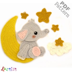Crochet Pattern Elephant and Moon Applique Patch US version Instant PDF Download