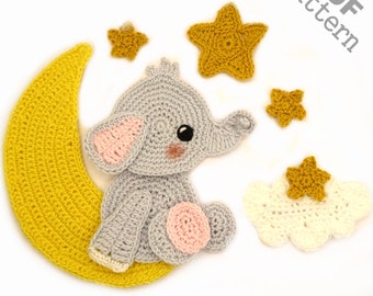 Crochet Pattern - Instant PDF Download - Elephant and Moon Crochet Applique Pattern applique