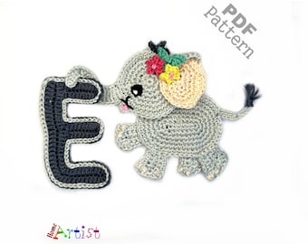 Elephant Crochet Letter E Applique Animal Alphabet Pattern Lettering  US version Instant PDF Download