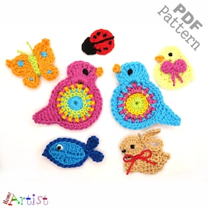 May include: A set of crochet patterns for making various animal and insect shapes, including a ladybug, butterfly, chick, bunny, fish, and two birds. The patterns are written in PDF format.