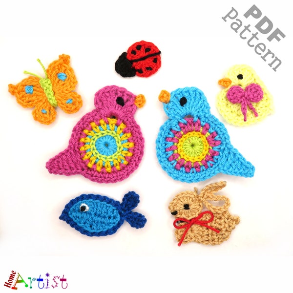 Crochet Pattern Set 01 - Instant PDF Download Bird Ladybug Bunny Butterfly Chick Fish Crochet Pattern applique