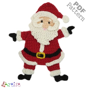 May include: Crocheted Santa Claus ornament in red, white, and black. The ornament has a white beard and a black belt with a gold buckle. The ornament is a PDF pattern.