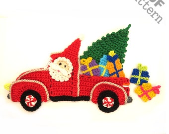Crochet Christmas Truck Applique Pattern Santa Tree  Holiday Baby Blanket Decor Ornament Gift