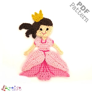 May include: Crochet pattern for a princess doll with a pink dress, brown hair, and a gold crown. The pattern is available as a PDF download. PDF pattern.