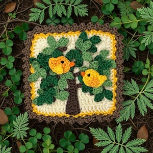 May include: A square, crocheted piece featuring a tree with green leaves and two yellow birds. The tree is brown, set against an off-white background with a yellow border, and a brown outer edge. The piece is surrounded by green foliage.