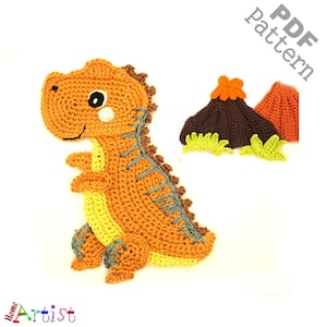 May include: Crochet pattern for a dinosaur and volcano. The dinosaur is orange, yellow, and green. The volcano is brown, orange, and green.