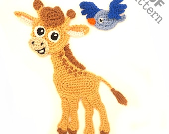 Crochet Pattern - Instant PDF Download - Giraffe + bird Crochet Applique Pattern applique