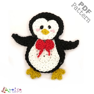 May include: Crocheted penguin amigurumi pattern with a red bow. The penguin is white with black wings and a yellow beak. The pattern is available as a PDF download.